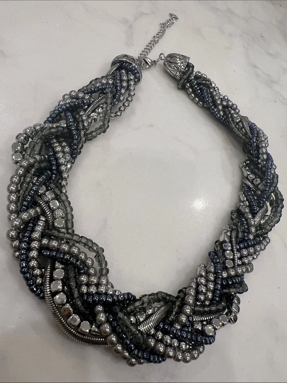 Sequin Hearts Braided Beaded Choker - Silver and Dark Blue